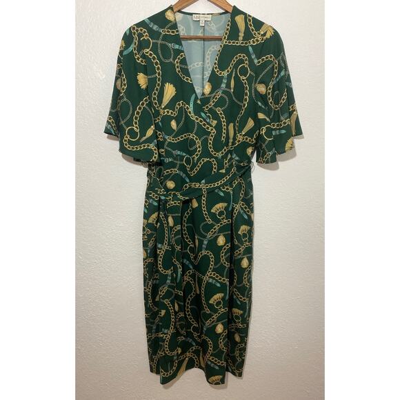 Neiman Marcus Green Chain-Print Wrap V-Neck Midi Dress Small Flutter Sleeve Belt - Picture 1 of 11